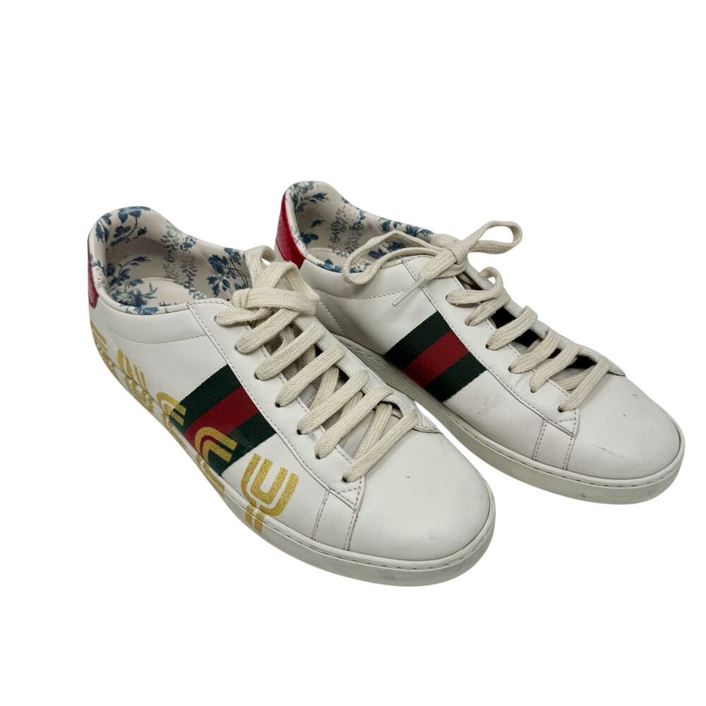 Gucci Ace White Leather Gold Gucci Print Web Stripe Low Top Sneakers 37